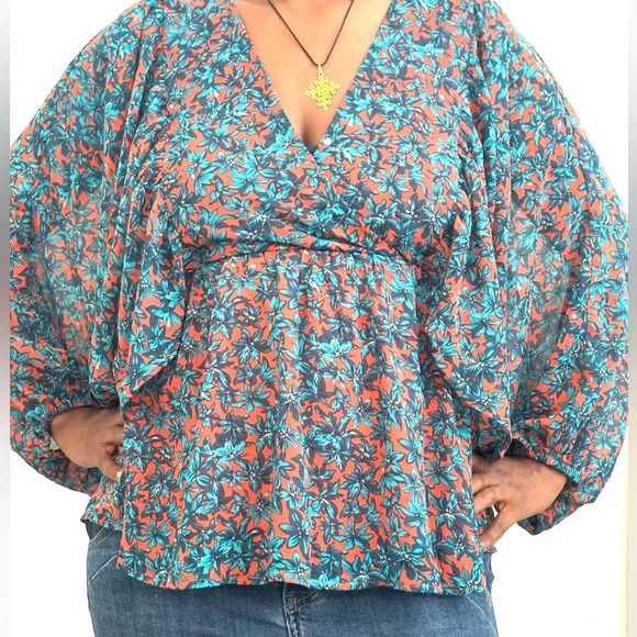 Entro Women's Floral Peplum Blouse M V-Neck Long Sleeve Boho Cottagecore Top - Picture 2 of 13